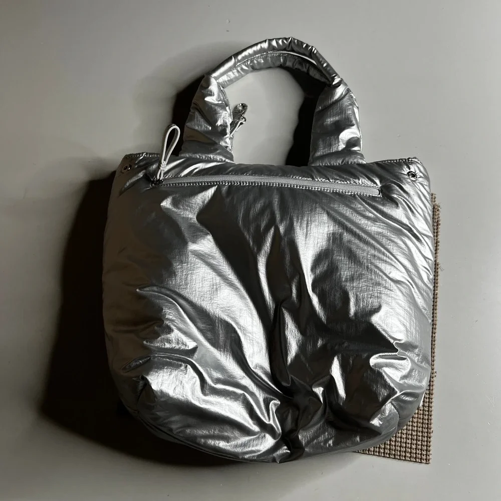 Caraa Metallic Silver Puffer Tote Bag‎ Nylon Feather Handcrafted Padded Handbag